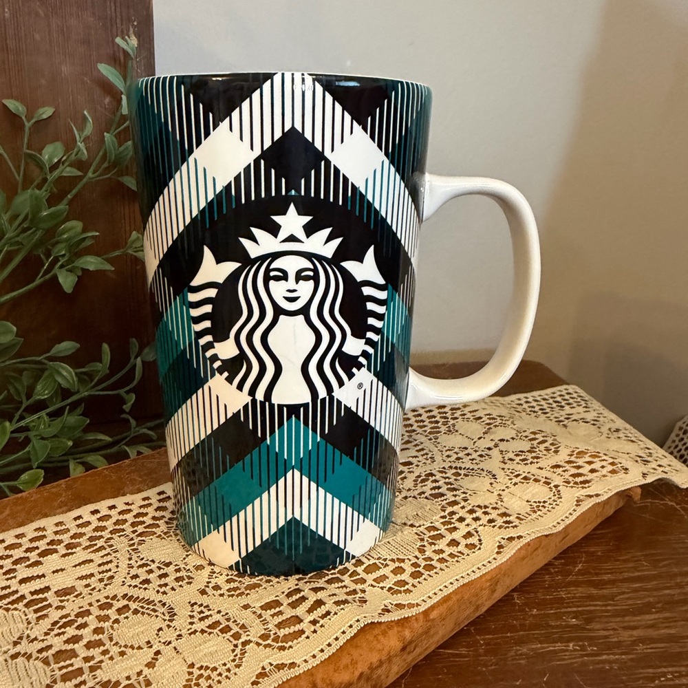 Starbucks 2015 Ceramic Mug 16 oz Teal Black Plaid Checkered Coffee Cup LTD ED